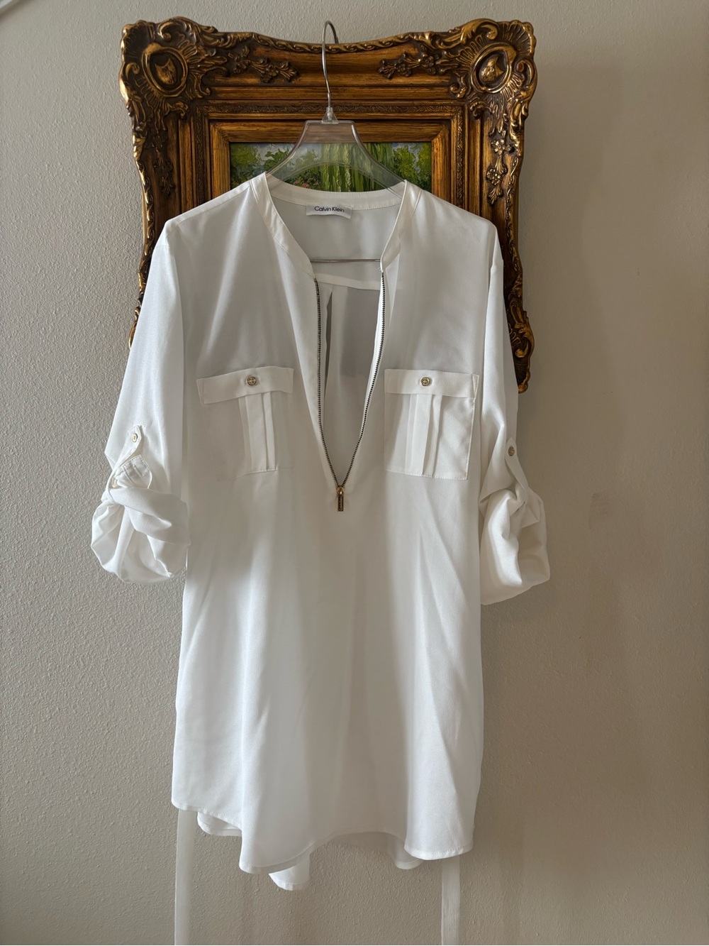 Calvin Klein White Split-Neck Roll-Tab Tunic Blouse
